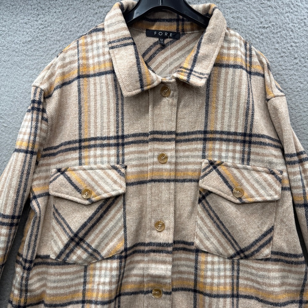 Fore Shacket Beige Plaid Fringe Button up Long Sleeve Pockets Western Women’s M - Picture 14 of 14